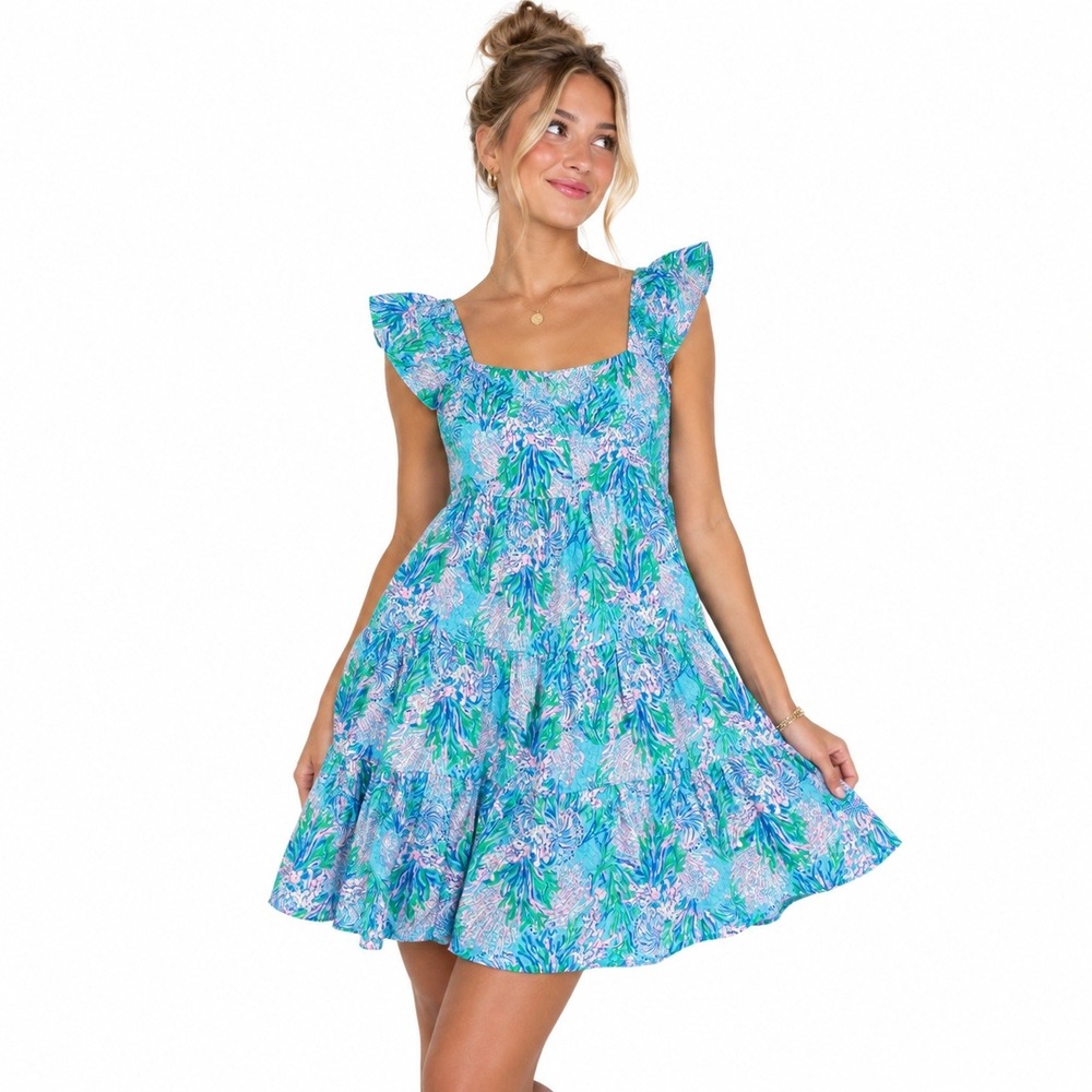 Lilly Pulitzer Dress Women S Blue Tiered Ruffle 010158 Coastal Beach Summer